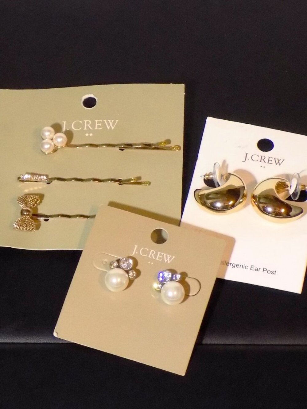 New J. Crew 3 Bobby Pins, Hoop & Crystal Bead Cluster Earrings Bundle